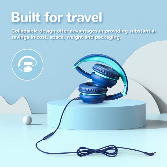 Wired Headphones with Mic - iClever Kids Headphones Foldable Stereo Tangle-Free 3.5mm-Blue