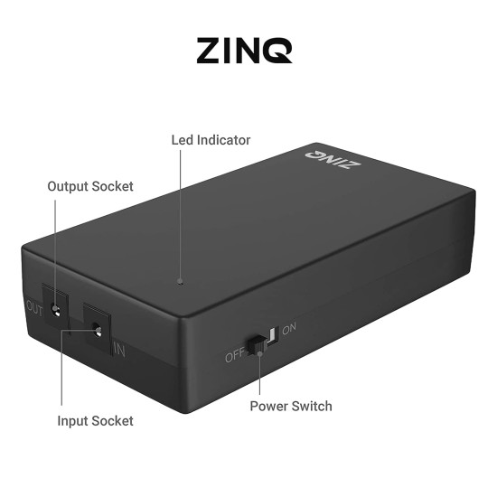 ZINQ Mini UPS for 12V Routers, High Power Fiber Routers, Broadband Modems (Black)