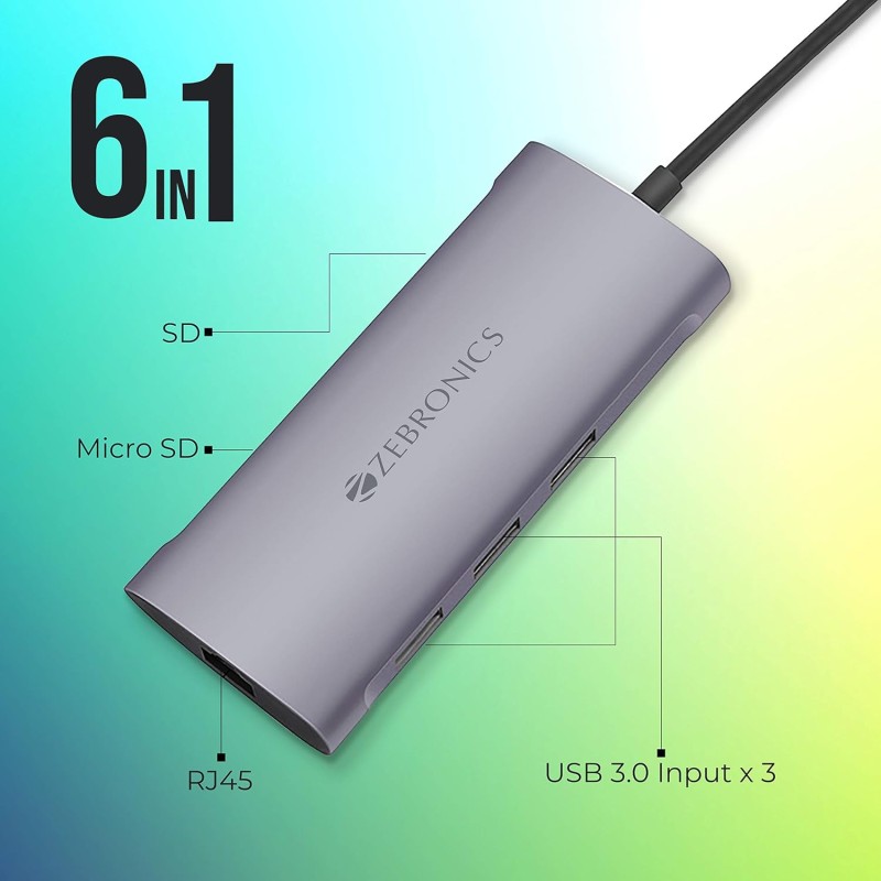 ZEBRONICS 6 in 1 USB Type C Multiport Adapter Zeb TA1000UCL with USB, SD, Micro SD, RJ45 Slots