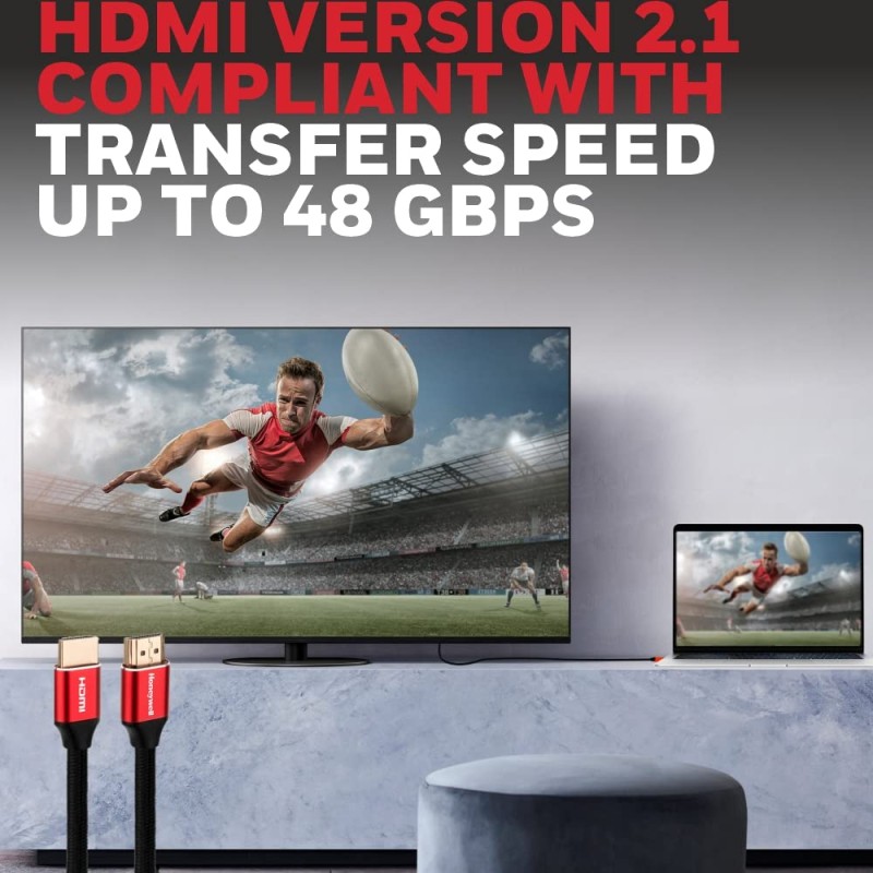 Honeywell HDMI Cable 2.1 with Ethernet, 8k@60Hz, 4K@120Hz UHD Resolution, (9.8ft/3M), 48 GBPS Transmission Ultra High Speed, Dolby DTS, eARC, 3D,Male-to-Male,Compatible with All HDMI-Enabled Devices