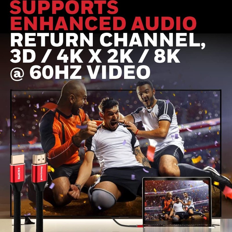 Honeywell HDMI Cable 2.1 with Ethernet, 8k@60Hz, 4K@120Hz UHD Resolution, (9.8ft/3M), 48 GBPS Transmission Ultra High Speed, Dolby DTS, eARC, 3D,Male-to-Male,Compatible with All HDMI-Enabled Devices