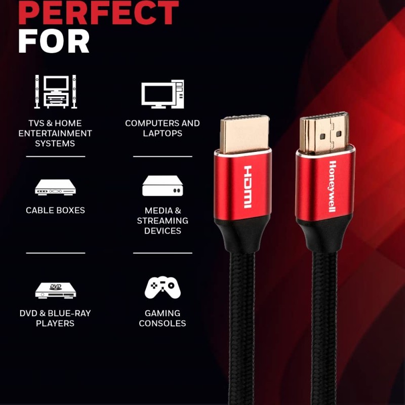Honeywell HDMI Cable 2.1 with Ethernet, 8k@60Hz, 4K@120Hz UHD Resolution, (9.8ft/3M), 48 GBPS Transmission Ultra High Speed, Dolby DTS, eARC, 3D,Male-to-Male,Compatible with All HDMI-Enabled Devices