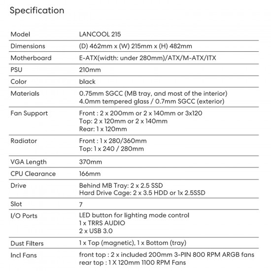 Lian Li LANCOOL 215 X Mid Tower Computer Case/Gaming Cabinet - Black I Support E-ATX/ATX/M-ATX/ITX Motherboard I 2 x 200 mm ARGB Fans (Front) I 1 X 120 mm Fans (Rear)