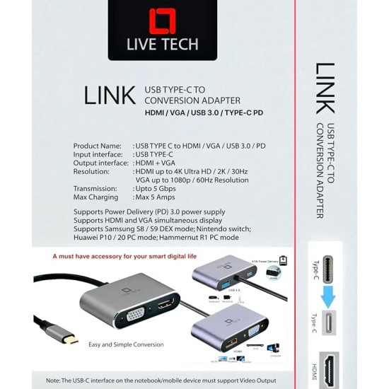 Live Tech Link 4 in 1 USB Type C to HDMI Port VGA Port USB Adapter USB3.0 PD Connect