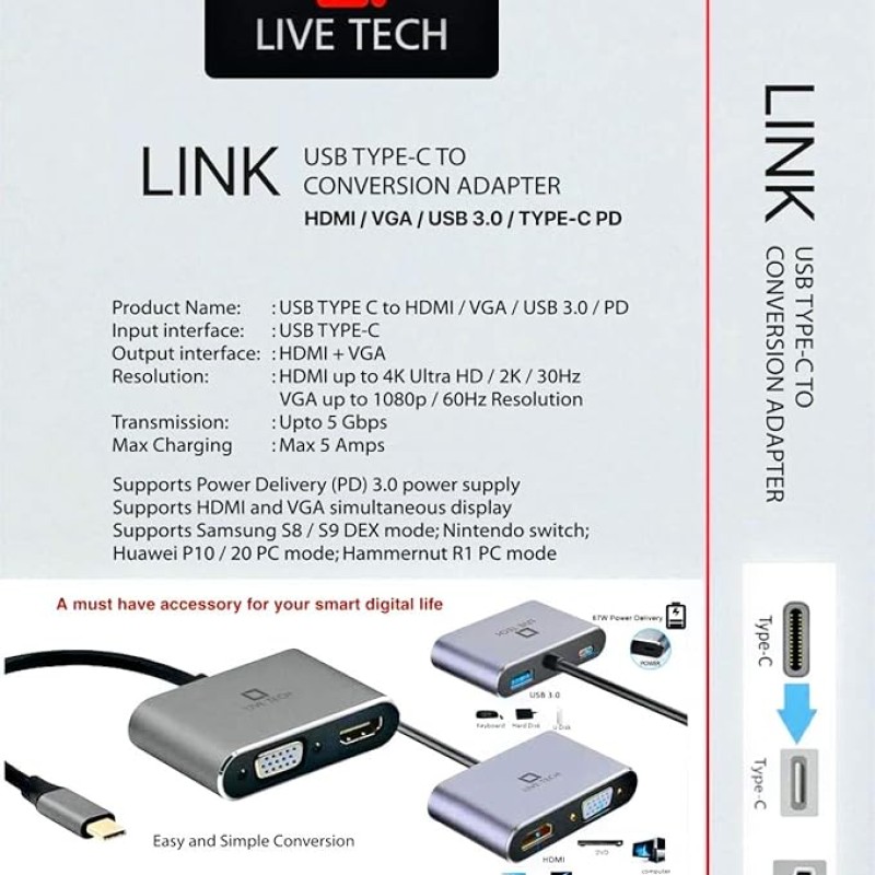 Live Tech Link 4 in 1 USB Type C to HDMI Port VGA Port USB Adapter USB3.0 PD Connect Live Tech Link 4 in 1 USB Type C to HDMI Port VGA Port USB Adapter USB3.0 PD Connect