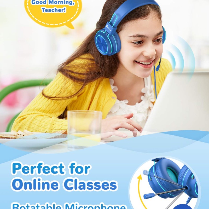 iClever Kids Headphones with Mic, Wired On Ear Headphones for Kids - Blue
