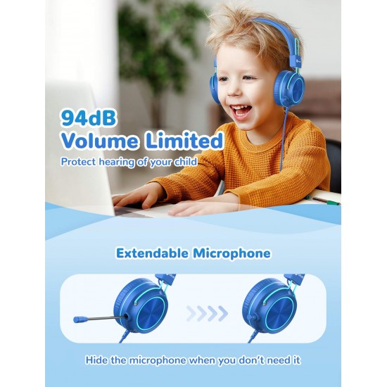 iClever Kids Headphones with Mic, Wired On Ear Headphones for Kids - Blue