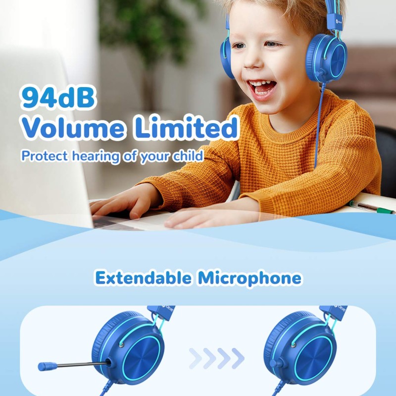 iClever Kids Headphones with Mic, Wired On Ear Headphones for Kids - Blue