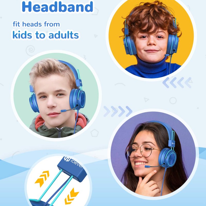 iClever Kids Headphones with Mic, Wired On Ear Headphones for Kids - Blue