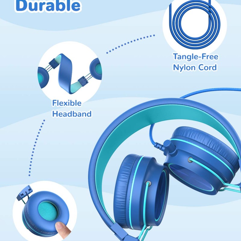 iClever Kids Headphones with Mic, Wired On Ear Headphones for Kids - Blue