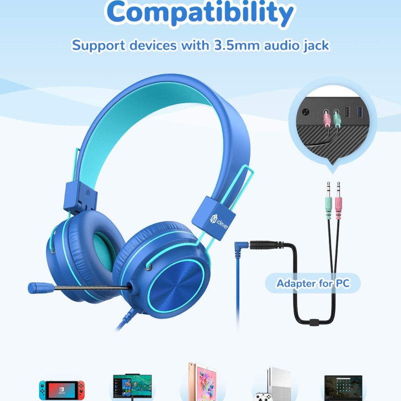 iClever Kids Headphones with Mic, Wired On Ear Headphones for Kids - Blue