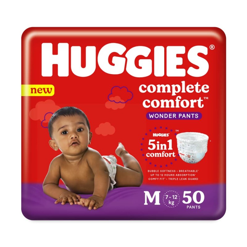 Huggies Wonder Pants, Medium Size Diapers (7-12 kg), 50 Count with 12 Hour Protection,White,Pack of 1