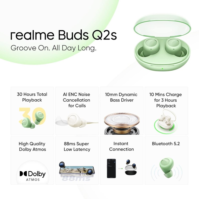 realme Buds Q2s Bluetooth Truly Wireless in Ear Earbuds with Mic, Fast Charging & Up to 30Hrs Playtime (Green) realme Buds Q2s Bluetooth Truly Wireless in Ear Earbuds with Mic, Fast Charging & Up to 30Hrs Playtime (Green)