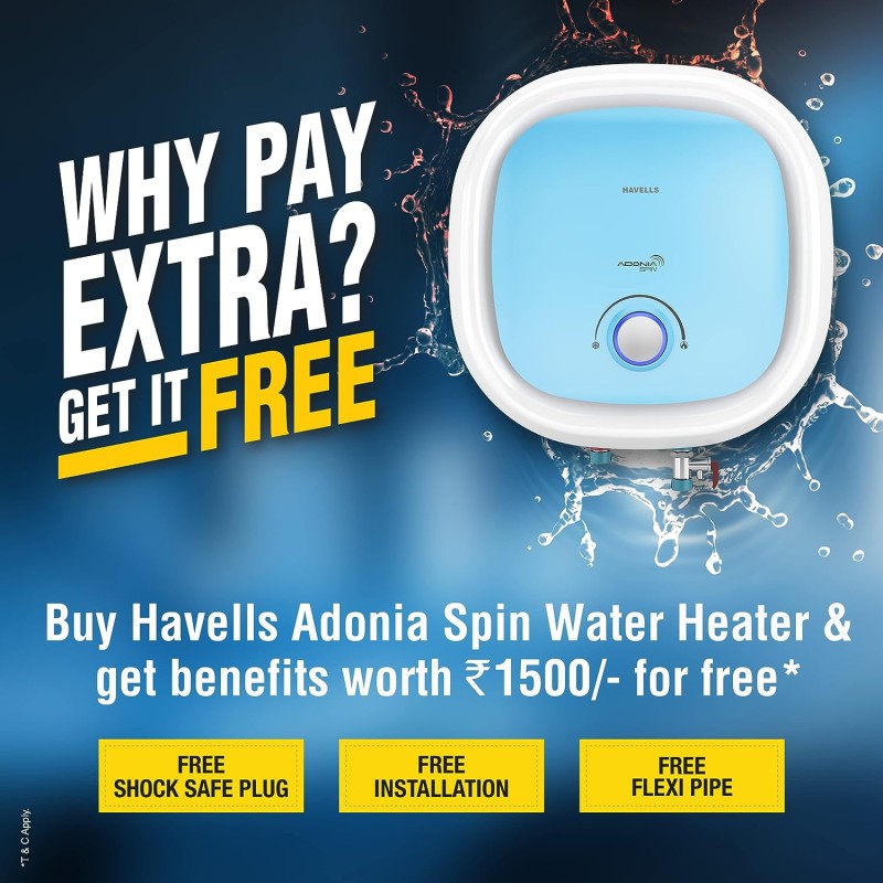 Havells Adonia Spin 15-Litre Vertical Storage Water Heater (Geyser) White Blue 5 Star, Wall Mounting Havells Adonia Spin 15-Litre Vertical Storage Water Heater (Geyser) White Blue 5 Star, Wall Mounting