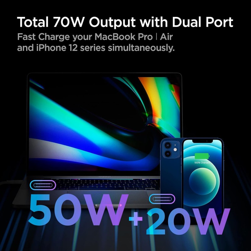 Spigen PE2007 70W GaN Dual Port Fast iPhone Wall Charger- White Spigen PE2007 70W GaN Dual Port Fast iPhone Wall Charger- White