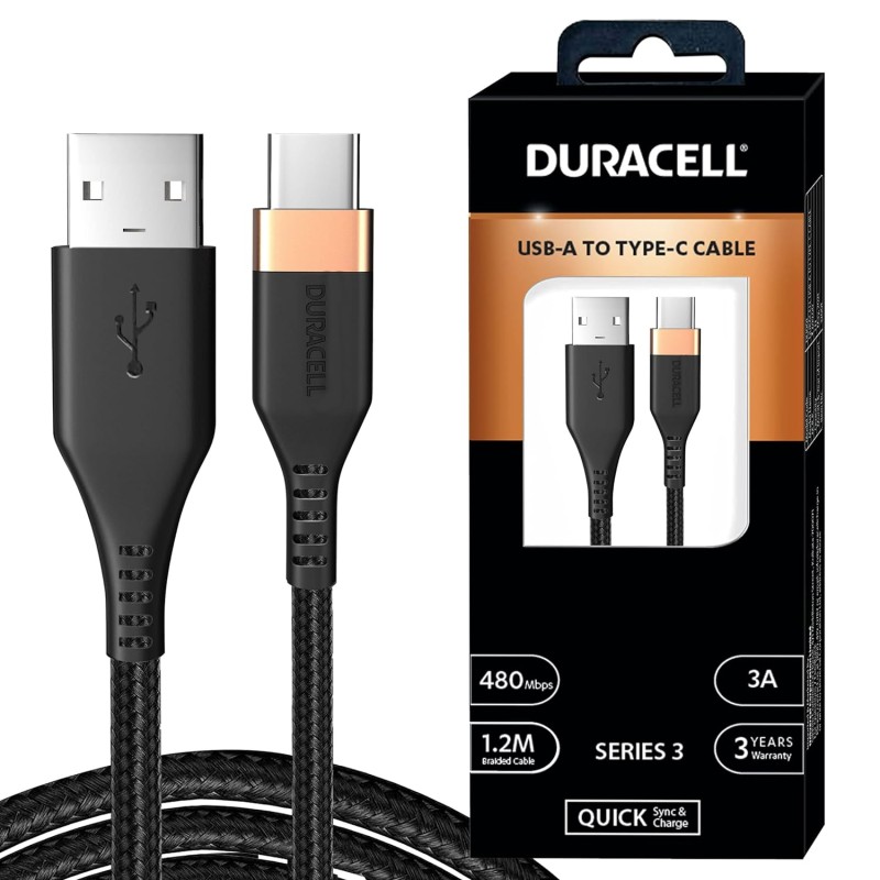 Duracell USB Type C, 3A Braided Sync and Fast Charging Cable, 3.9 Feet (1.2M), QC 2.0/3.0 Ultra Fast Charging, Compatible