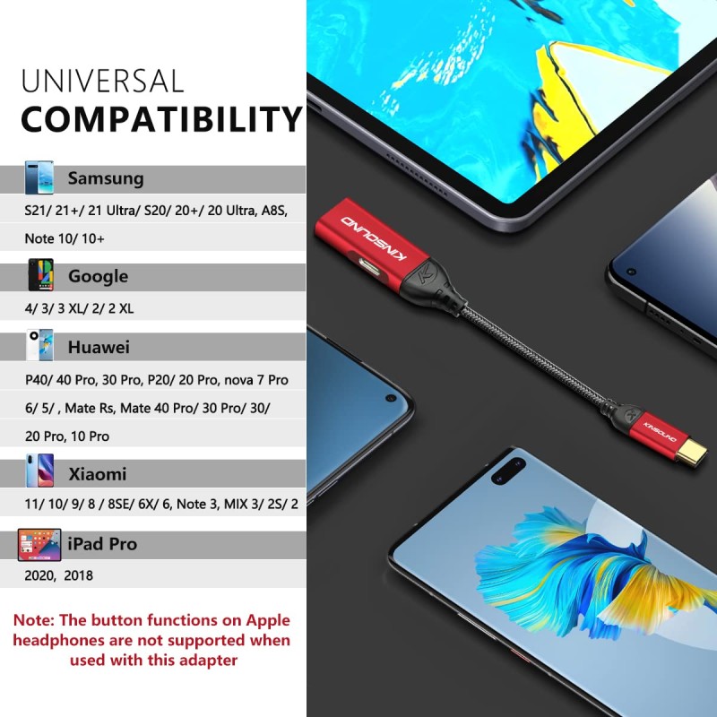 Kinsound USB Type C to 3.5 mm Jack Audio Adapter, 24bit Hi-Res Sound Quality with PD Fast Charging Compatible with Samsung Galaxy S22/S21/S20 Plus, Pixel 6/5/4/3, Huawei Kinsound USB Type C to 3.5 mm Jack Audio Adapter, 24bit Hi-Res Sound Quality with PD Fast Charging Compatible with Samsung Galaxy S22/S21/S20 Plus, Pixel 6/5/4/3, Huawei