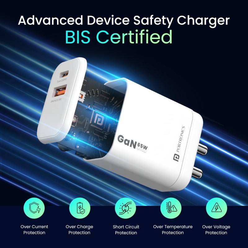 Portronics Adapto 65X 65 W Dual Ports Outputs GaN Fast PD Charger Portronics Adapto 65X 65 W Dual Ports Outputs GaN Fast PD Charger