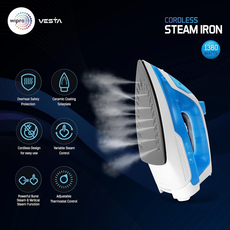 wipro Vesta1380 Watts Cordless Steam Iron|Scratch Resistant Ceramic Soleplate