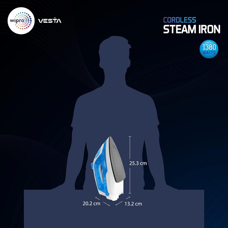 wipro Vesta1380 Watts Cordless Steam Iron|Scratch Resistant Ceramic Soleplate