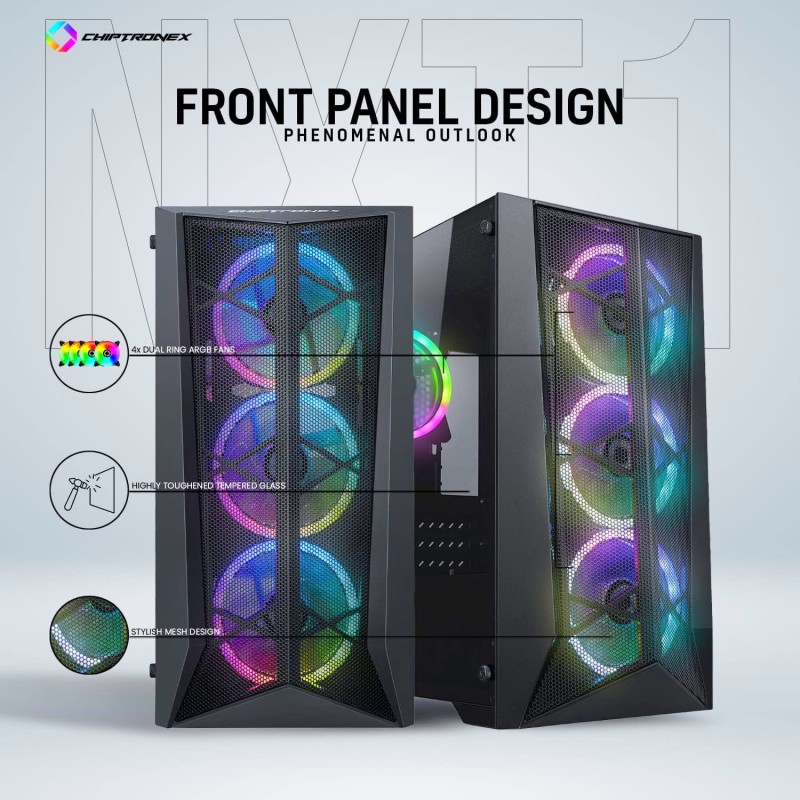 CHIPTRONEX NXT1 MESH Mid Tower ATX Gaming Computer case with 4x120mm Dual Ring ARGB Fan, MB Sync, Supports CHIPTRONEX NXT1 MESH Mid Tower ATX Gaming Computer case with 4x120mm Dual Ring ARGB Fan, MB Sync, Supports