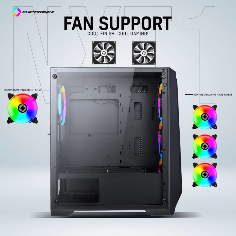 CHIPTRONEX NXT1 MESH Mid Tower ATX Gaming Computer case with 4x120mm Dual Ring ARGB Fan, MB Sync, Supports CHIPTRONEX NXT1 MESH Mid Tower ATX Gaming Computer case with 4x120mm Dual Ring ARGB Fan, MB Sync, Supports