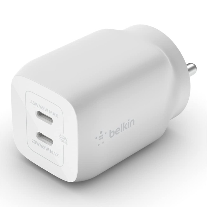 Belkin 65W GaN Dual USB-C (Type C) PD 3.0 Fast Charger with Pps-White Belkin 65W GaN Dual USB-C (Type C) PD 3.0 Fast Charger with Pps-White