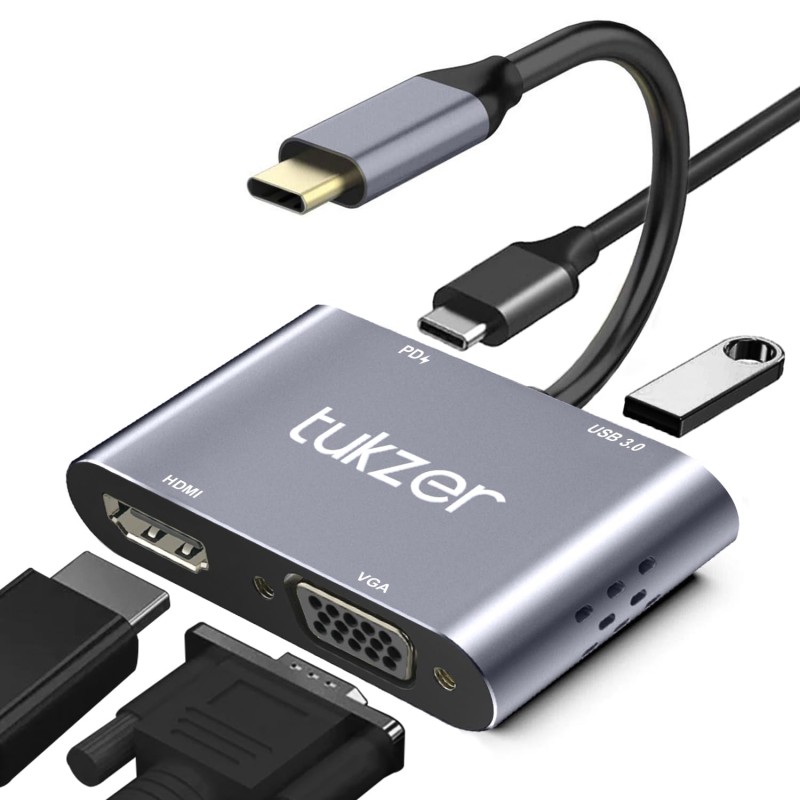 Tukzer 4-in-1 Type-C Hub to HDMI 4K@30Hz, VGA 1080P@60Hz, USB 3.0 Data, 100W PD Tukzer 4-in-1 Type-C Hub to HDMI 4K@30Hz, VGA 1080P@60Hz, USB 3.0 Data, 100W PD