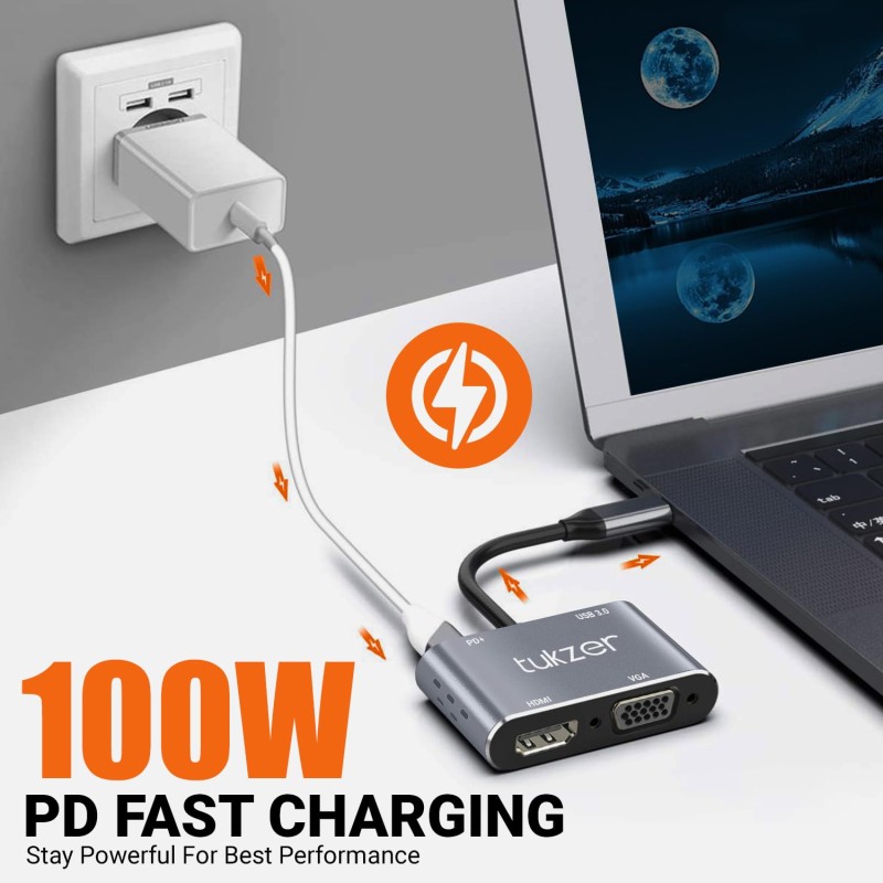 Tukzer 4-in-1 Type-C Hub to HDMI 4K@30Hz, VGA 1080P@60Hz, USB 3.0 Data, 100W PD Tukzer 4-in-1 Type-C Hub to HDMI 4K@30Hz, VGA 1080P@60Hz, USB 3.0 Data, 100W PD