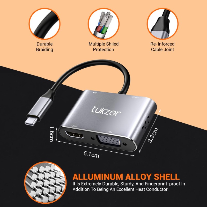 Tukzer 4-in-1 Type-C Hub to HDMI 4K@30Hz, VGA 1080P@60Hz, USB 3.0 Data, 100W PD Tukzer 4-in-1 Type-C Hub to HDMI 4K@30Hz, VGA 1080P@60Hz, USB 3.0 Data, 100W PD