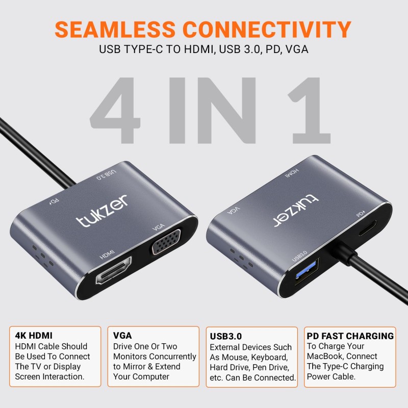 Tukzer 4-in-1 Type-C Hub to HDMI 4K@30Hz, VGA 1080P@60Hz, USB 3.0 Data, 100W PD Tukzer 4-in-1 Type-C Hub to HDMI 4K@30Hz, VGA 1080P@60Hz, USB 3.0 Data, 100W PD