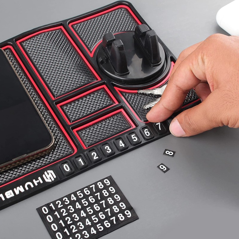 HUMBLE Silicone Car Dashboard Mat with 360 Degrees Rotating Phone Holder,Coin & Key Slot, Anti-Slip Mat with Parking Numbers (Black) HUMBLE Silicone Car Dashboard Mat with 360 Degrees Rotating Phone Holder,Coin & Key Slot, Anti-Slip Mat with Parking Numbers (Black)