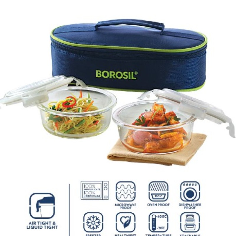 Borosil Blue Glass Lunchbox, Round x 2 (Flat) Borosil Blue Glass Lunchbox, Round x 2 (Flat)
