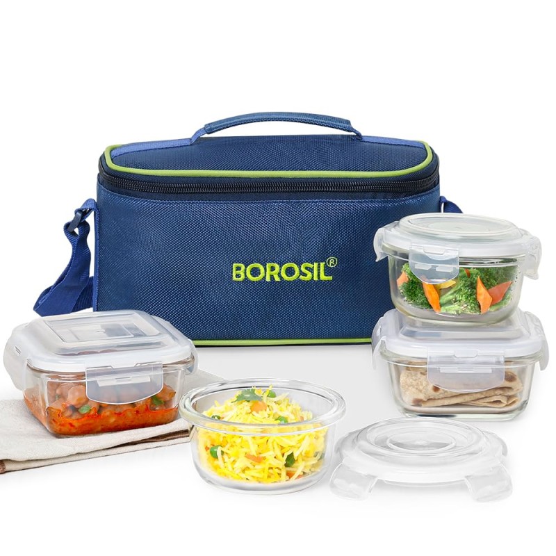 Borosil Klip n Store Universal Lunchbox | Set of 4 (320ml x 2 Square + 240ml x 2 Round), Borosilicate Glass | Microwave & Dishwasher Safe, Leakproof | Tiffin for Office/School/College | Transparent Borosil Klip n Store Universal Lunchbox | Set of 4 (320ml x 2 Square + 240ml x 2 Round), Borosilicate Glass | Microwave & Dishwasher Safe, Leakproof | Tiffin for Office/School/College | Transparent