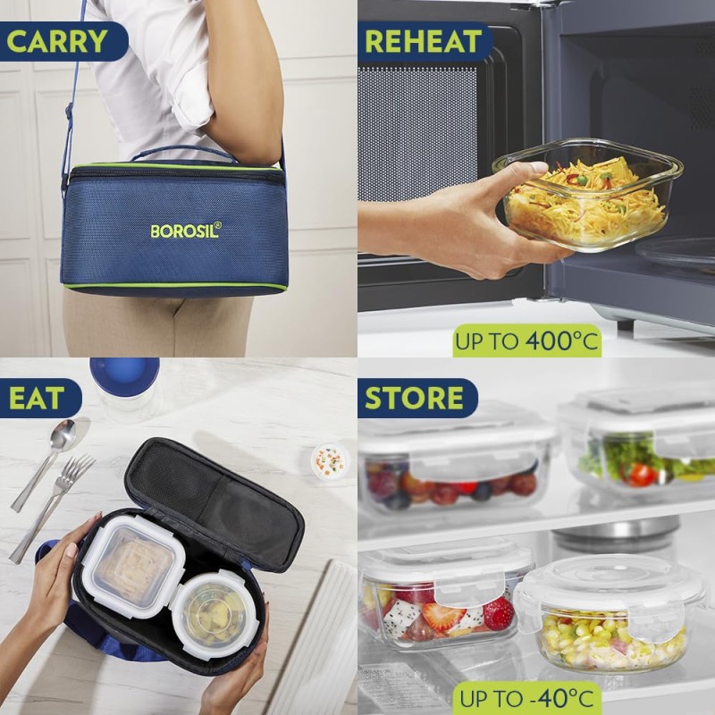 Borosil Klip n Store Universal Lunchbox | Set of 4 (320ml x 2 Square + 240ml x 2 Round), Borosilicate Glass | Microwave & Dishwasher Safe, Leakproof | Tiffin for Office/School/College | Transparent Borosil Klip n Store Universal Lunchbox | Set of 4 (320ml x 2 Square + 240ml x 2 Round), Borosilicate Glass | Microwave & Dishwasher Safe, Leakproof | Tiffin for Office/School/College | Transparent