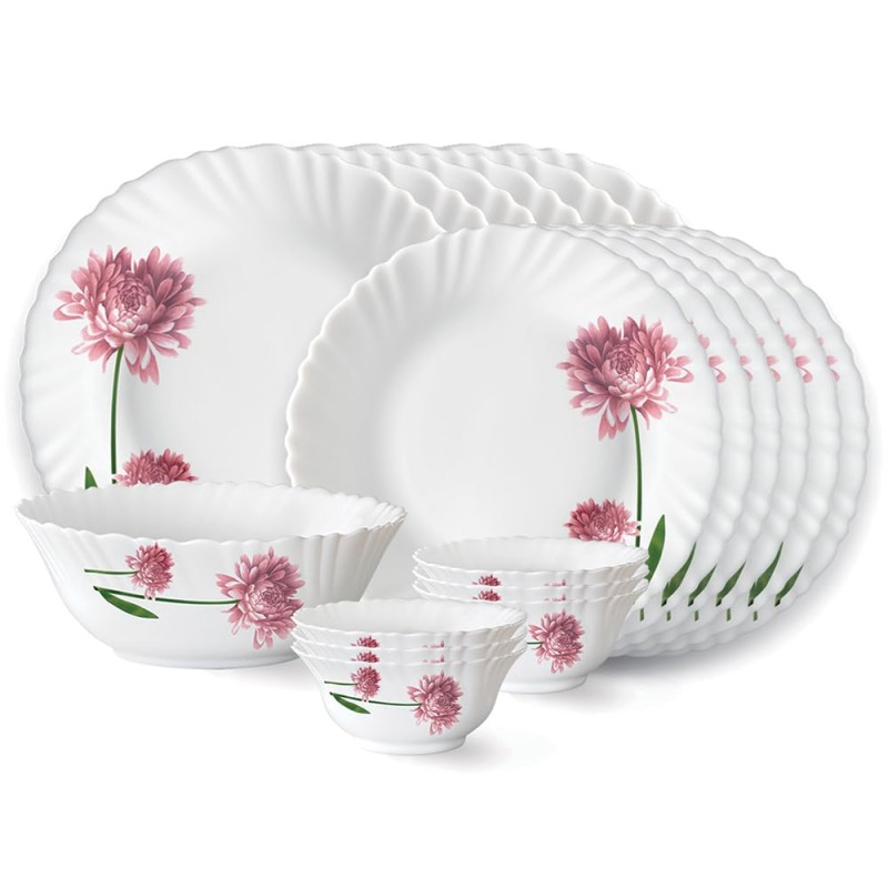 Larah by Borosil Nargis Fluted Series Opalware Dinner Set | 19 Pieces for Family of 6 | Microwave and Dishwasher Safe | Bone-Ash Free | Crockery Set for Dining and Gifting | Plates and Bowls | White