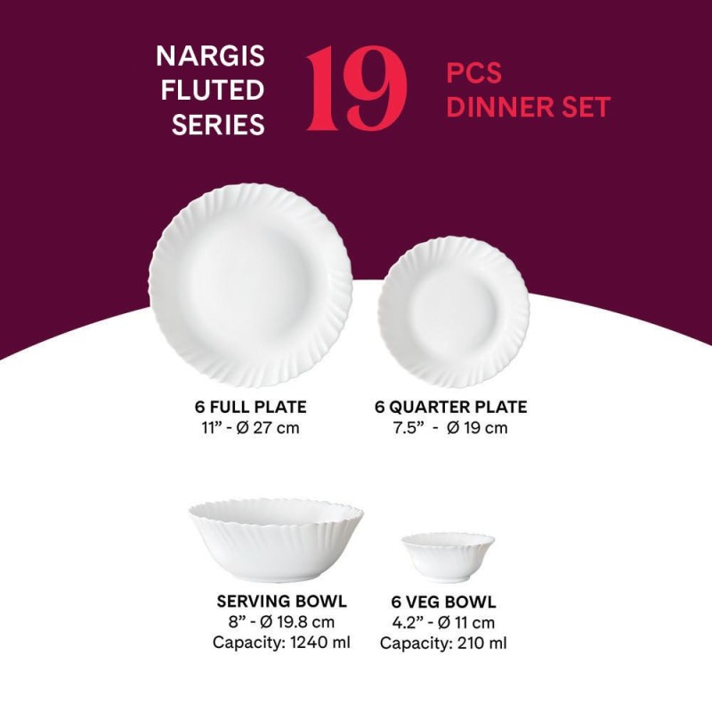 Larah by Borosil Nargis Fluted Series Opalware Dinner Set | 19 Pieces for Family of 6 | Microwave and Dishwasher Safe | Bone-Ash Free | Crockery Set for Dining and Gifting | Plates and Bowls | White