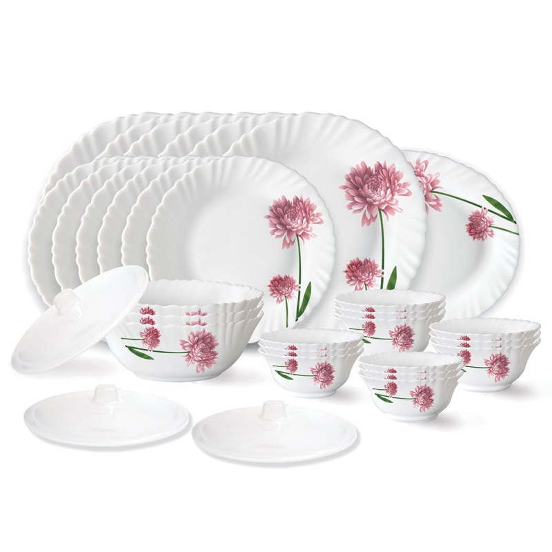 Larah by Borosil Nargis Fluted Series Opalware Floral Dinner Set | 27 Pieces for Family of 6 | Microwave and Dishwasher Safe | Bone-Ash Free | Crockery Set for Dining and Gifting | Plates and Bowls | White