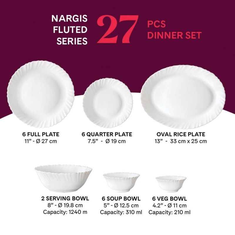 Larah by Borosil Nargis Fluted Series Opalware Floral Dinner Set | 27 Pieces for Family of 6 | Microwave and Dishwasher Safe | Bone-Ash Free | Crockery Set for Dining and Gifting | Plates and Bowls | White