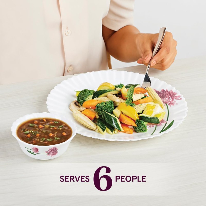 Larah by Borosil Nargis Fluted Series Opalware Floral Dinner Set | 27 Pieces for Family of 6 | Microwave and Dishwasher Safe | Bone-Ash Free | Crockery Set for Dining and Gifting | Plates and Bowls | White