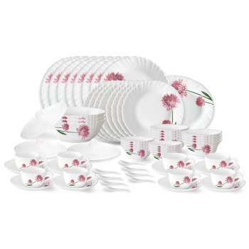 Larah by Borosil Nargis Fluted Series Opalware Dinner Set | 63 Pieces for Family of 8 | Microwave and Dishwasher Safe | Bone-Ash Free | Crockery Set for Dining and Gifting | Plates and Bowls | White