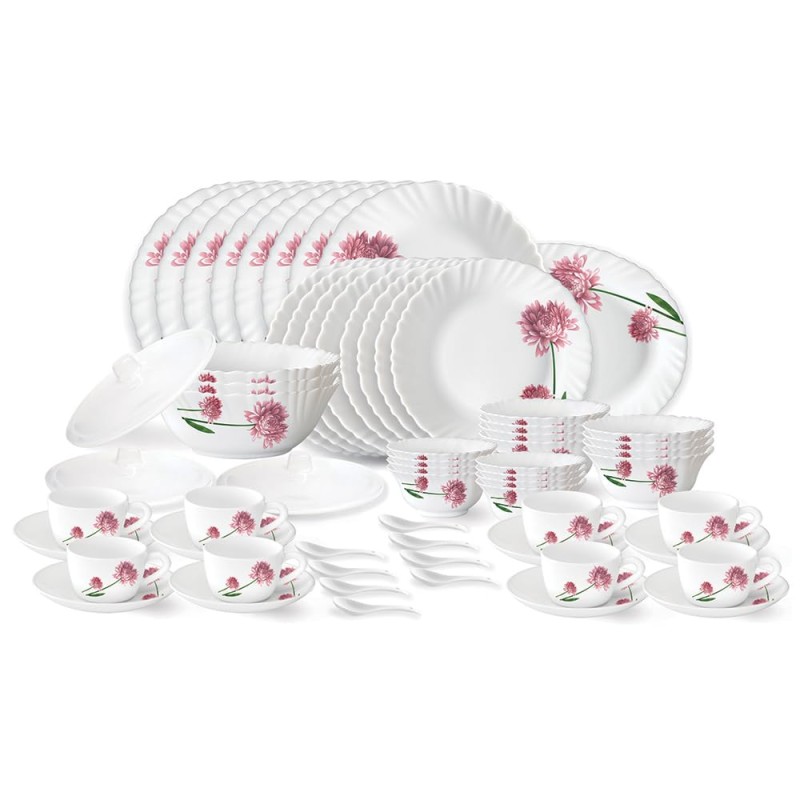 Larah by Borosil Nargis Fluted Series Opalware Dinner Set | 63 Pieces for Family of 8 | Microwave and Dishwasher Safe | Bone-Ash Free | Crockery Set for Dining and Gifting | Plates and Bowls | White
