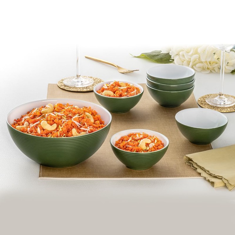 Larah by Borosil Olive Green Orbit Series Opalware 7 Pcs Pudding Set | Microwave & Dishwasher Safe | Bone-Ash Free | Crockery Set For Dining & Gifting | Bowls Set | White Larah by Borosil Olive Green Orbit Series Opalware 7 Pcs Pudding Set | Microwave & Dishwasher Safe | Bone-Ash Free | Crockery Set For Dining & Gifting | Bowls Set | White