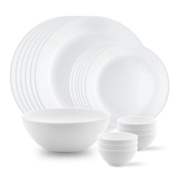 Larah by Borosil Orbit Series 19 Pieces Opalware Dinner Set, Opal Glass Dinner Plates and Bowls, Crockery Set for Dining (White)