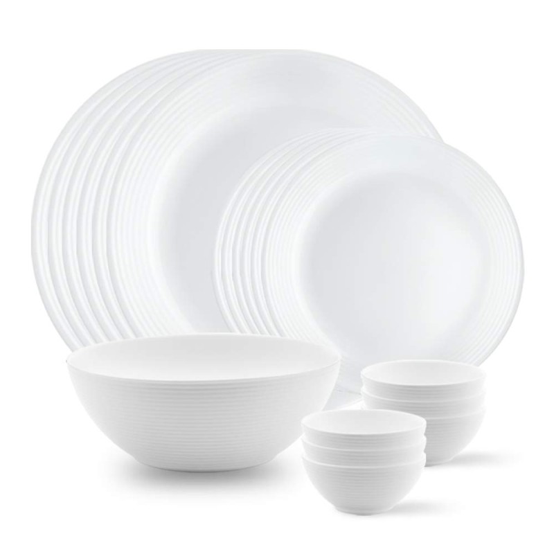 Larah by Borosil Orbit Series 19 Pieces Opalware Dinner Set, Opal Glass Dinner Plates and Bowls, Crockery Set for Dining (White)