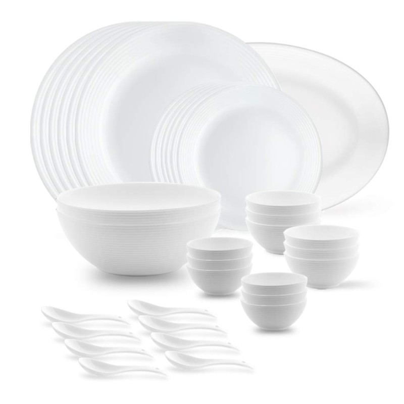 Larah by Borosil Orbit Series Opalware Dinnerset | 33 Pieces for Family of 6 | Microwave & Dishwasher Safe | Bone-Ash Free, Crockery Set for Dining & Gifting | Plates & Bowls, White Larah by Borosil Orbit Series Opalware Dinnerset | 33 Pieces for Family of 6 | Microwave & Dishwasher Safe | Bone-Ash Free, Crockery Set for Dining & Gifting | Plates & Bowls, White
