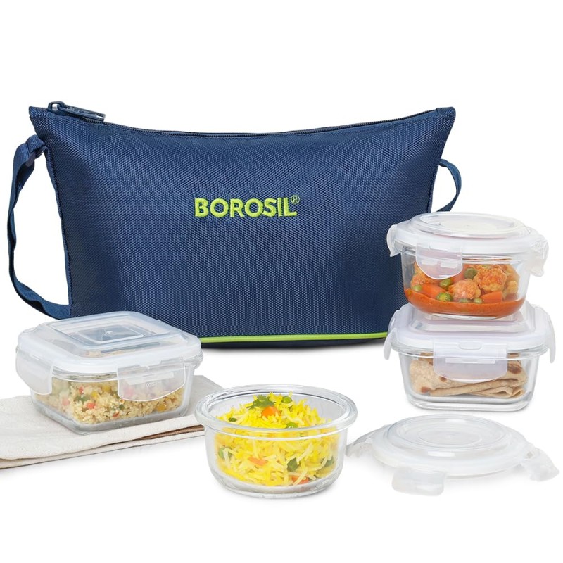Borosil Glass Daisy Microwave Safe Office Tiffin Lunch Box (Blue, 2 pcs 320 ml Square, 2pcs 240 ml Round) -Set of 4 Borosil Glass Daisy Microwave Safe Office Tiffin Lunch Box (Blue, 2 pcs 320 ml Square, 2pcs 240 ml Round) -Set of 4