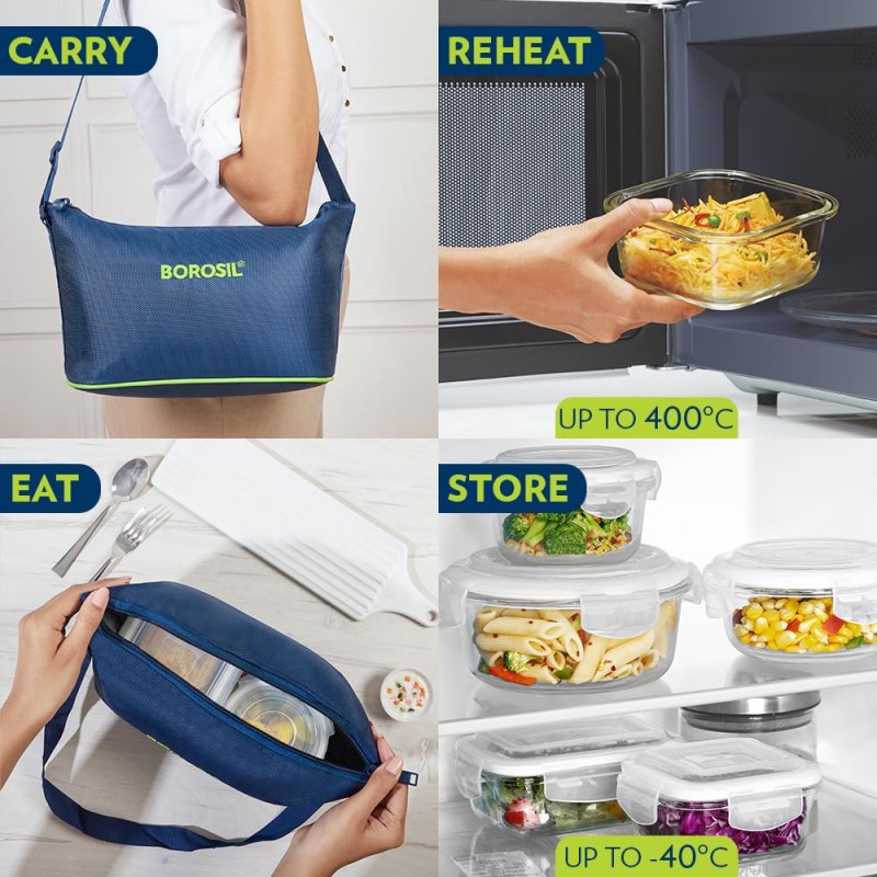 Borosil Glass Daisy Microwave Safe Office Tiffin Lunch Box (Blue, 2 pcs 320 ml Square, 2pcs 240 ml Round) -Set of 4 Borosil Glass Daisy Microwave Safe Office Tiffin Lunch Box (Blue, 2 pcs 320 ml Square, 2pcs 240 ml Round) -Set of 4