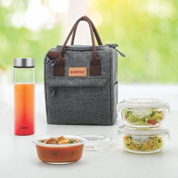 Borosil Pro Lunch Box Set, Microwave Safe Glass Containers (400ml x 3) + 550ml Glass Bottle | Leakproof Tiffin Set with Bag | Healthy Office Meals On-The-Go | Stay Organized and Stylish