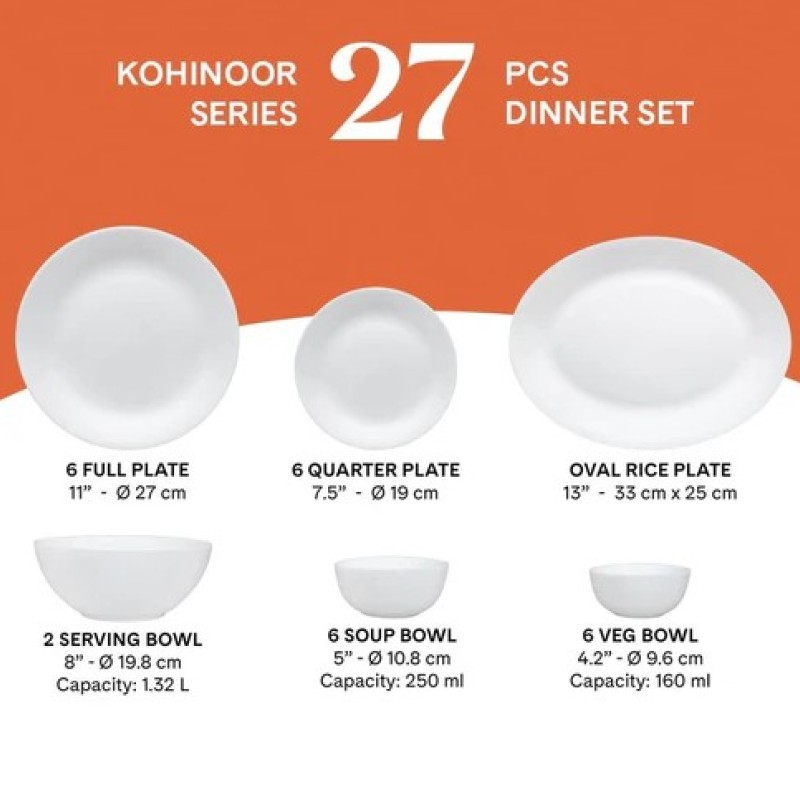 Borosil - Kohinoor Series Syrah Opalware Dinner Set | White | Set of 27 Pcs